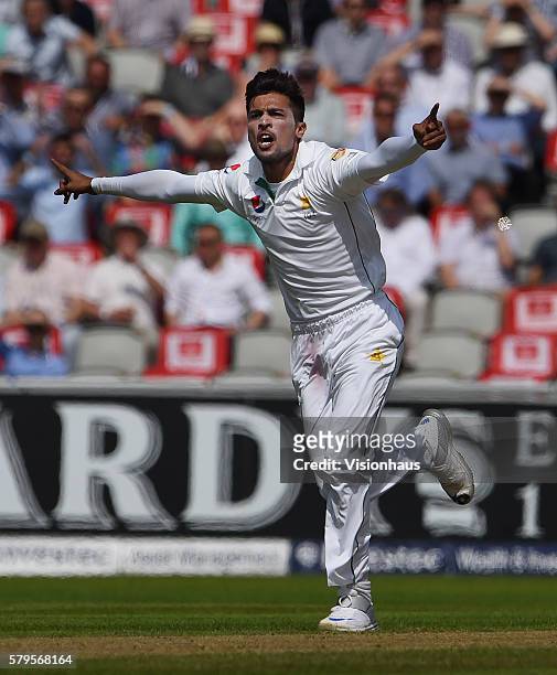 Mohammad Amir of Pakistan celebrates bowling Alex Hales of England during day one of the second Investec test match between England and Pakistan at...