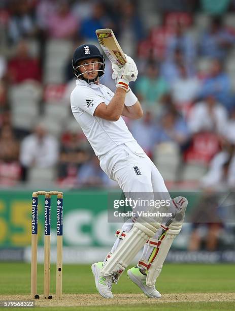 Joe Root of England batting during day one of the second Investec test match between England and Pakistan at Old Trafford on July 22, 2016 in...