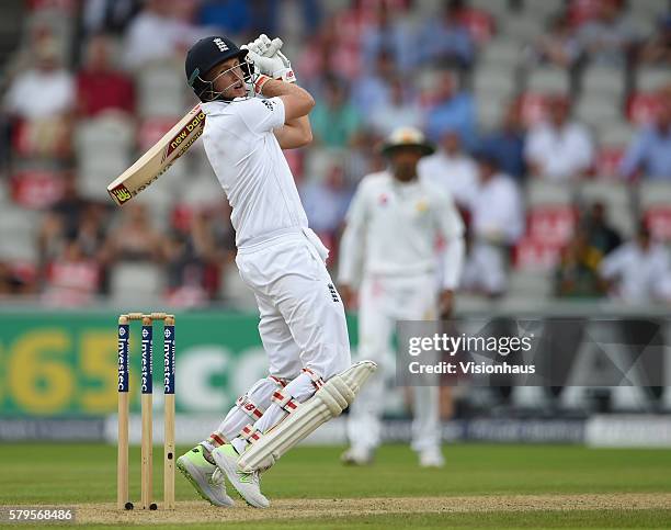 Joe Root of England batting during day one of the second Investec test match between England and Pakistan at Old Trafford on July 22, 2016 in...