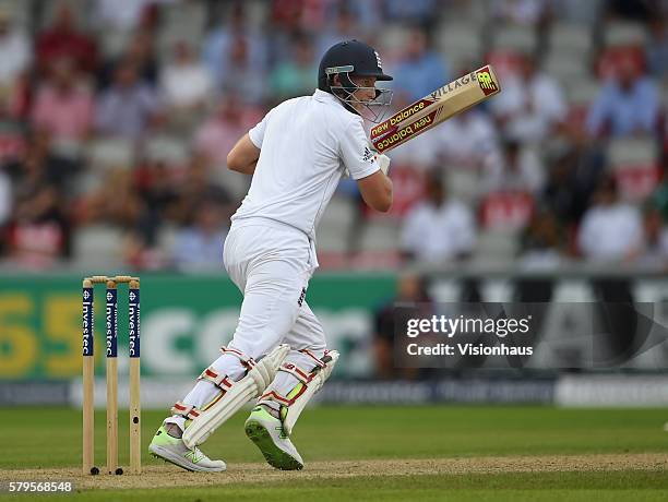 Joe Root of England batting during day one of the second Investec test match between England and Pakistan at Old Trafford on July 22, 2016 in...