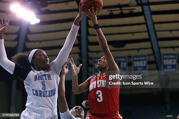 North Carolina's Stephanie Mavunga blocks a shot by Ohio State's Kelsey Mitchell . The University of North Carolina Tar Heels hosted the Ohio State...