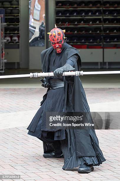 Darth Maul from the Star Wars 501st Legion take over Star Wars night at Turner Filed before a regular season game between the Philadelphia Phillies...
