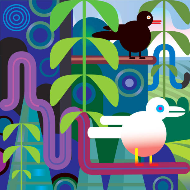 jungle vector illustration with birds, trees, landscape - zoo art stock illustrations