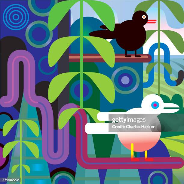 jungle vector illustration with birds, trees, landscape - 圖畫 藝術品 幅插畫檔、美工圖案、卡通及圖標