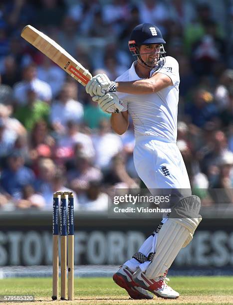 Alastair Cook of England batting during the first day of the second test between England and Pakistan at Old Trafford on July 22, 2016 in Manchester,...