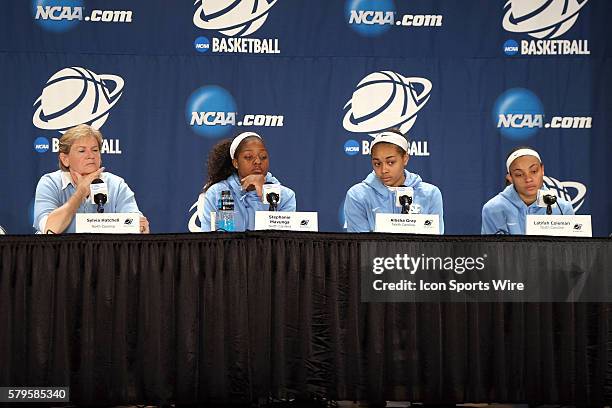 Head coach Sylvia Hatchell, Stephanie Mavunga, Allisha Gray, and Latifah Coleman during the postgame press conference. The University of North...