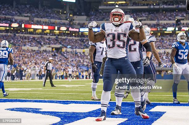 New England Patriots running back Jonas Gray celebrates a touchdown during a football game between the Indianapolis Colts and New England Patriots at...