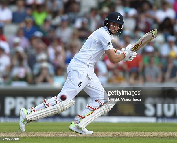 Joe Root of England batting during the first day of the second test between England and Pakistan at Old Trafford on July 22, 2016 in Manchester,...