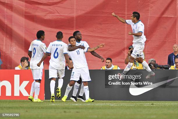Honduras Midfielder Andy Najar and his teammates celebrate their goal during the Honduras game against Panama in the CONCACAF Gold Cup game at...