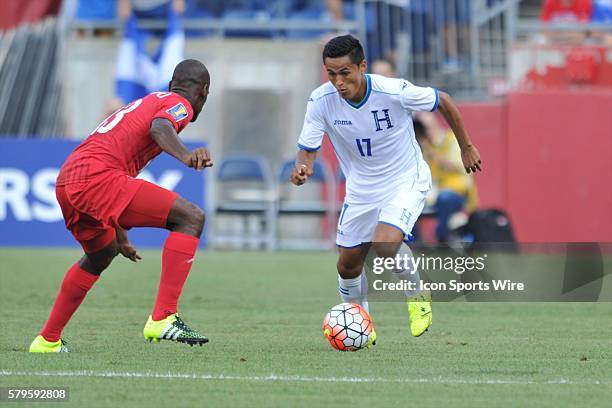 Honduras Mid Fielder Andy Najar brings the ball up field during the Honduras game against Panama in the CONCACAF Gold Cup game at Gillette Stadium in...