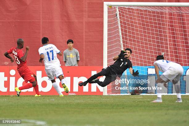 Honduras Midfielder Andy Najar puts the ball past Panama goalkeeper Jaime Penedo the Honduras game against Panama in the CONCACAF Gold Cup game at...