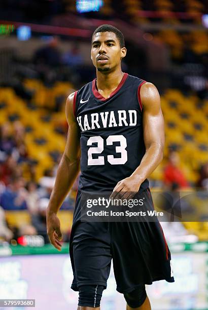 Harvard's Wesley Saunders . The Holy Cross Crusaders upset the Harvard Crimson 58-57 at TD Garden in Boston, Massachusetts.