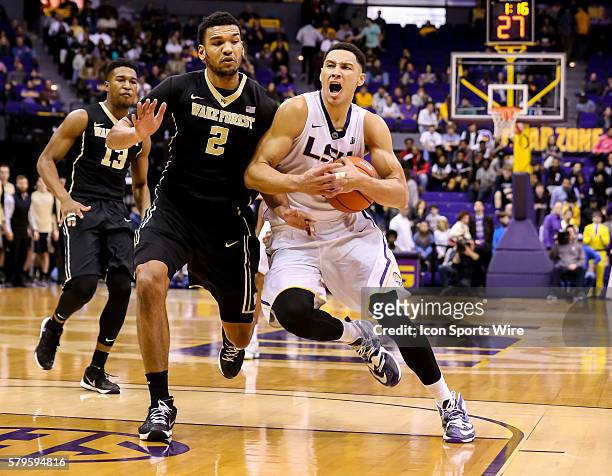 December 29 - LSU Tigers forward Ben Simmons drives to the basket against Wake Forest Demon Deacons forward Devin Thomas during the NCAA basketball...