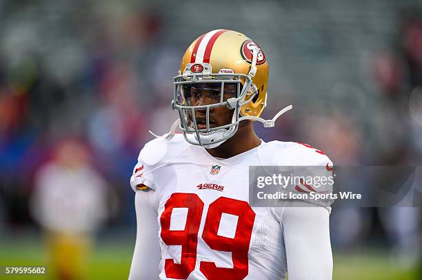 San Francisco 49ers outside linebacker Aldon Smith prior to a NFL game between the San Francisco 49ers and the New York Giants at MetLife Stadium in...