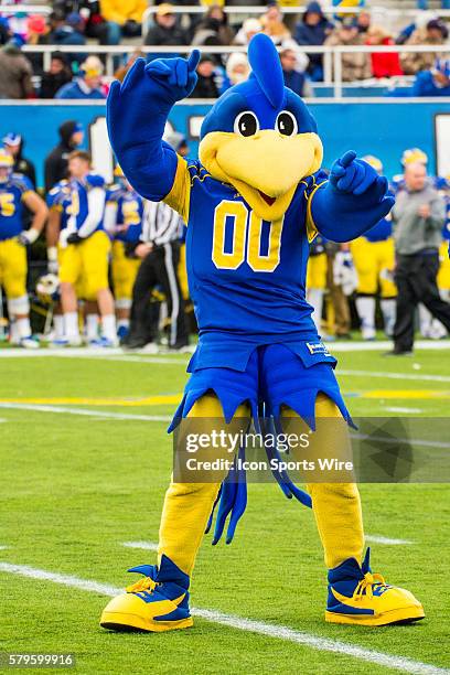The Delaware Blue Hen mascot performs for the fans during the game between the Vilanova Wildcats and the Delaware Blue Hens played at the Tubby...