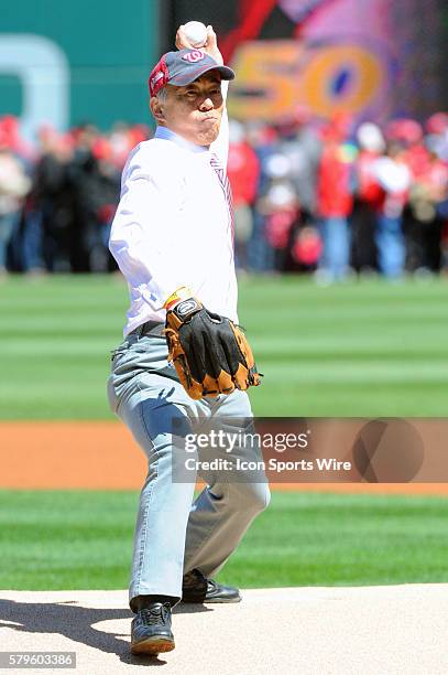 Ambassador of Japan to the United States, Kenichiro Sasae throws out the ceremonial first pitch at Nationals Park in Washington, D.C. In the final...