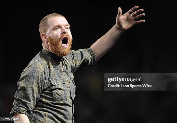 April 04, 2015 - A member of the Timbers Army leads the crowd during a Major League Soccer game between the Portland Timbers and FC Dallas at...