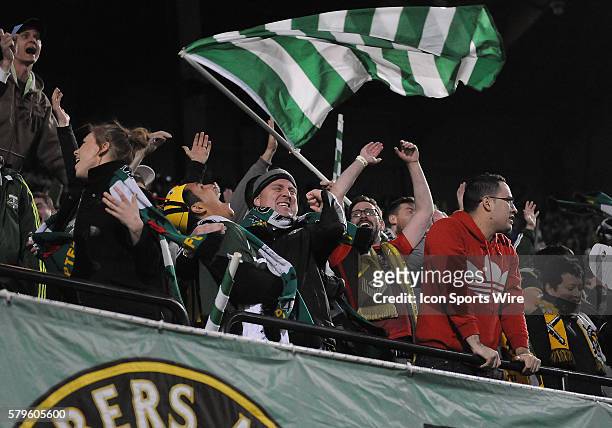 April 04, 2015 - The Timbers Army celebrate a first half goal during a Major League Soccer game between the Portland Timbers and FC Dallas at...