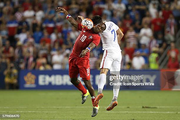 Luis Tejeda and Alfredo Morales challenge for header. The United States Men's National Team played the Panama Men's National Team at Sporting Park in...