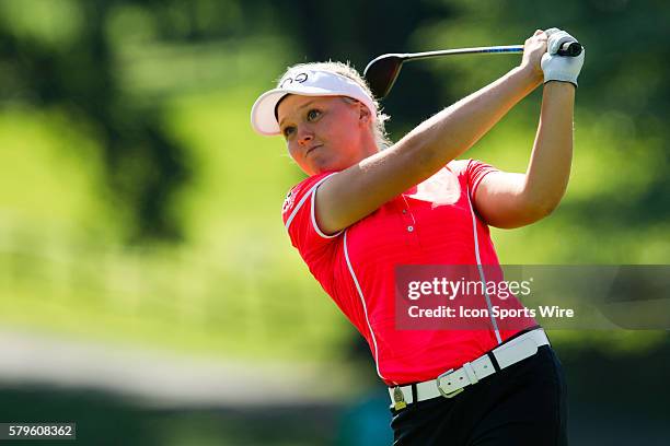 Brooke Henderson watches her ball after teeing off during the second round of the 2015 U.S. Women's Open at Lancaster Country Club in Lancaster, PA.