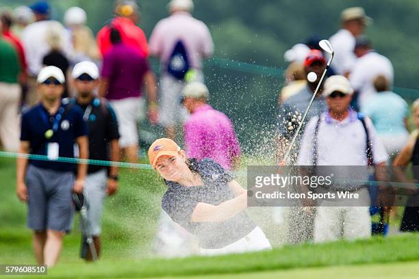 Nikki Long hits out of a green side bunker during the first round of the 2015 U.S. Women's Open at Lancaster Country Club in Lancaster, PA.