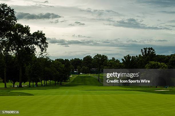 After a storm that produced heavy rains and violent winds the golf coarse stands empty of all players and fans during the first round of the 2015...