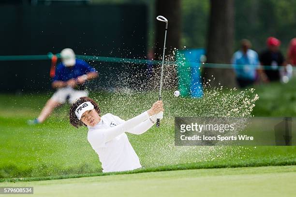 Shiho Oyama hits out of a green side bunker during the first round of the 2015 U.S. Women's Open at Lancaster Country Club in Lancaster, PA.