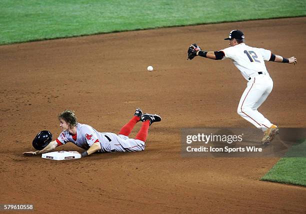 Boston Red Sox INF Brock Holt slides safely into second with a stolen base at the MLB All Star Game at Great American Ballpark in Cincinnati, Ohio.