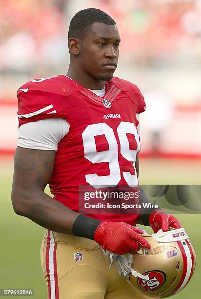 Aldon Smith of the San Francisco 49ers during an NFL game between the Niners and the Washington Redskins at Levi's Stadium in Santa Clara, CA. The...