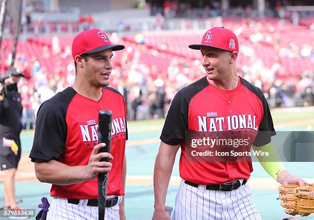 Colorado Rockie Nolan Arrenado and Troy Tulowitzki at the MLB All Star Workout Day at Great American Ballpark in Cincinnati, Ohio.