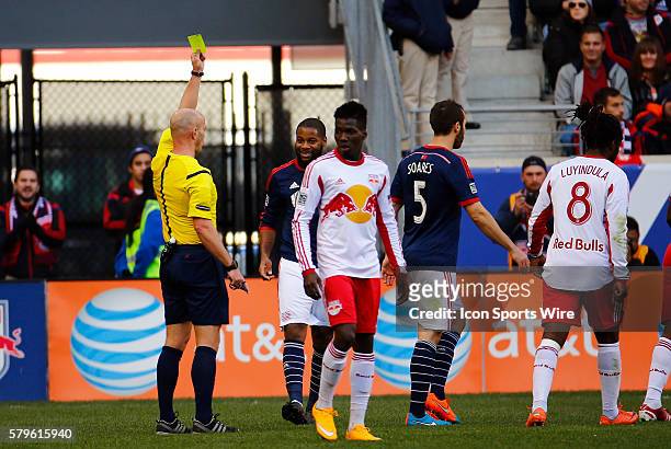 Referee Allen Chapman yellow cards New England Revolution's AJ Soares . The New England Revolution defeated the New York Red Bulls 2-1 in the first...
