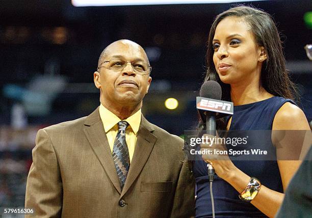 S LaChina Robinson is interviewing Tulsa coach Fred Williams in Atlanta Dream 85-75 loss to the Tulsa Shock at Philips Arena in Atlanta, GA.