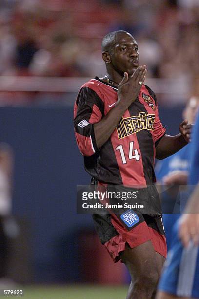 Adolfo Valencia of the New York/New Jersey MetroStars celebrates following a goal against the Kansas City Wizards at Giants Stadium in East...