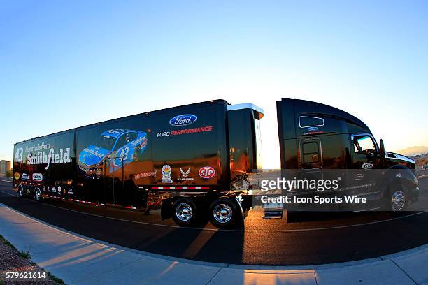 The hauler for Aric Almirola Richard Petty Motorsports Ford Fusion during the Hauler Parade for the Kobalt 400 Sprint Cup Series race at Las Vegas...