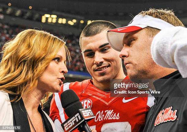 Sideline reporter Shannon Spake interviews Ole Miss Rebels quarterback Chad Kelly and Ole Miss Rebels head coach Hugh Freeze following the 2016...