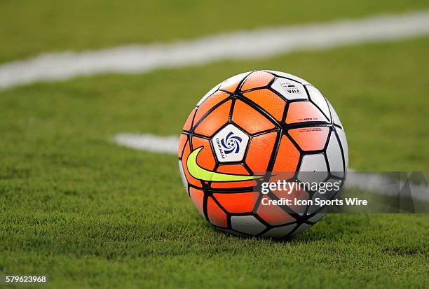 Ball sits on the field during the CONCACAF Gold Cup match between Mexico and Trinidad at Bank of America Stadium in Charlotte,NC.