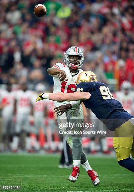 Ohio State Buckeyes quarterback J.T. Barrett throws downfield during the NCAA football game between the No. 7 Buckeyes and the No. 8 Notre Dame...