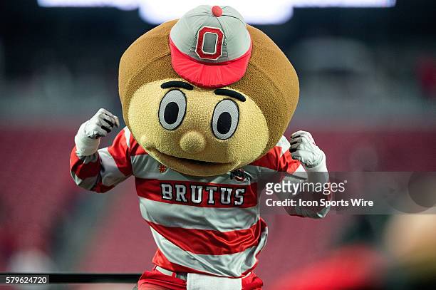 Ohio State's mascot, Brutus Buckeye, celebrates after the No. 7 Buckeyes beat the No. 8 Notre Dame Fighting Irish, 44-28, at the BattleFrog Fiesta...