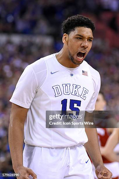 Duke Blue Devils center Jahlil Okafor in action during the NCAA Championship Basketball game between the Wisconsin Badgers and the Duke Blue Devils,...