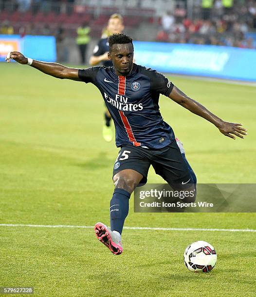 Paris St. Germain forward Jean-Christophe Bahebeck takes a shot against Benfica during the first half of an International Champions Cup game at BMO...