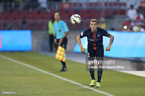 Paris Saint-Germain forward Lucas Digne throws in the ball during the Guinness Cup game between SL Benfica and Paris Saint-Germain F.C. At BMO Field...