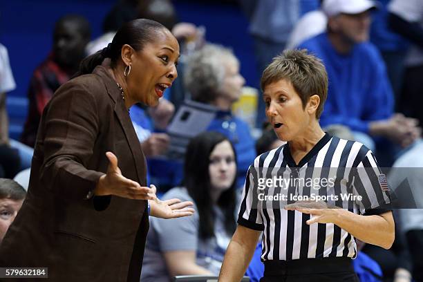 Buffalo head coach Felisha Legette-Jack complains to referee Karen Gruca . The Duke University Blue Devils hosted the State University of New York...