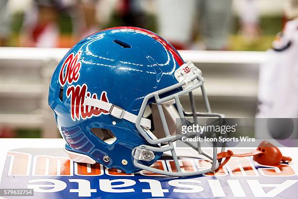 January 2016; Ole Miss Rebels v Oklahoma State Cowboys; An Ole Miss Rebels helmet rests on the sideline during a game in New Orleans, Louisiana.