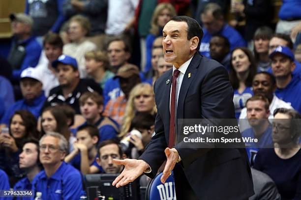 Duke head coach Mike Krzyzewski. The Duke University Blue Devils hosted the Furman University Paladins at Cameron Indoor Stadium in Durham, North...