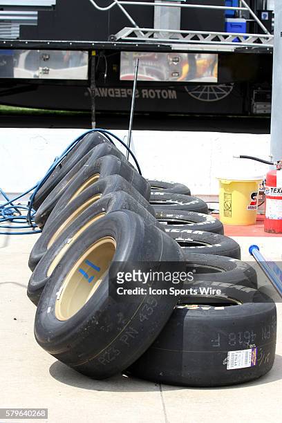 Goodyear radials lined up in Ricky Stenhouse Jr.'s pits before the running of the NASCAR Sprint Cup Series Duck Commander 500 at Texas Motor Speedway...