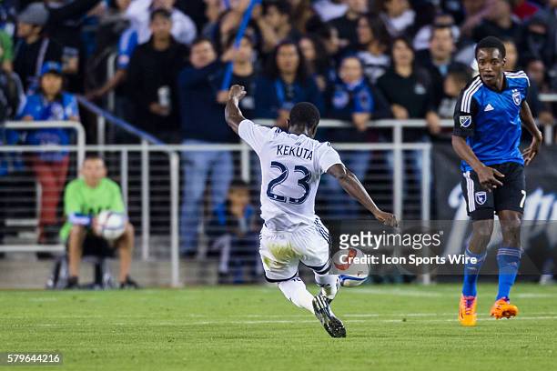 Vancouver FC forward Kekuta Manneh takes a shot on goal during an MLS soccer game between the San Jose Earthquakes and the Vancouver FC at Avaya...