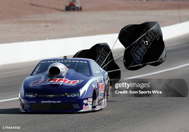 Jason Line Summit Chevrolet Camaro NHRA Pro Stock deploys his drag racing parachute during the 16th Annual SummitRacing.com NHRA Nationals at The...