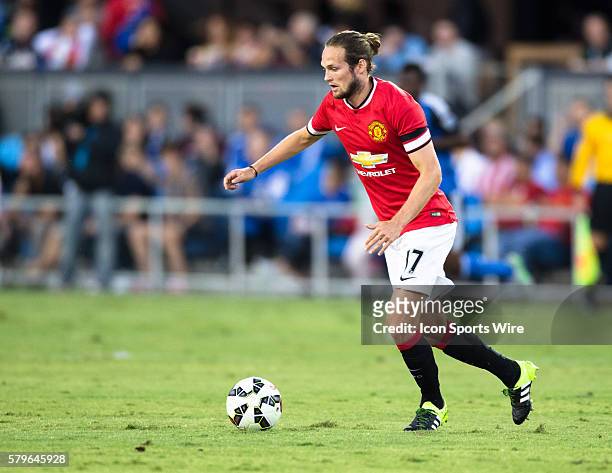 Manchester United midfielder Daley Blind clears the ball from the area, during the International Champions Cup soccer game between the San Jose...