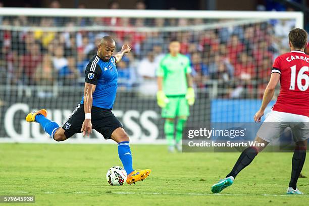 San Jose Earthquakes defender Victor Bernardez kicks the ball down the pitch, during the International Champions Cup soccer game between the San Jose...