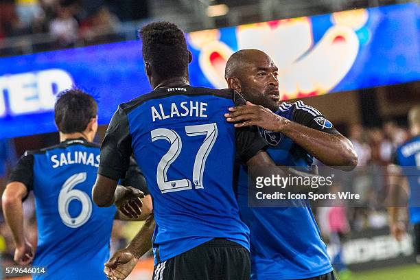San Jose Earthquakes midfielder Fatai Alashe celebrates scoring with San Jose Earthquakes defender Marvell Wynne , in the 43rd minute, during the...